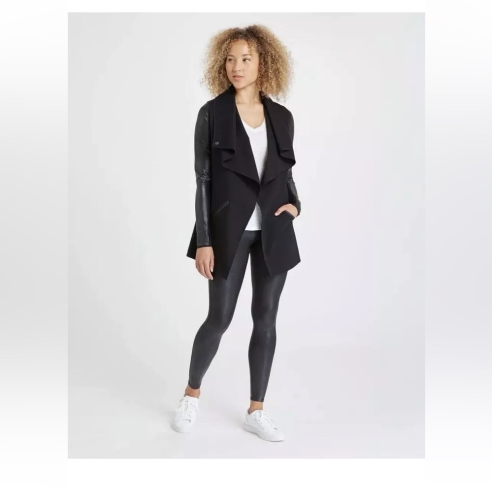 New with Tags Spanx fleece & faux leather long wrap jacket for women Med Black